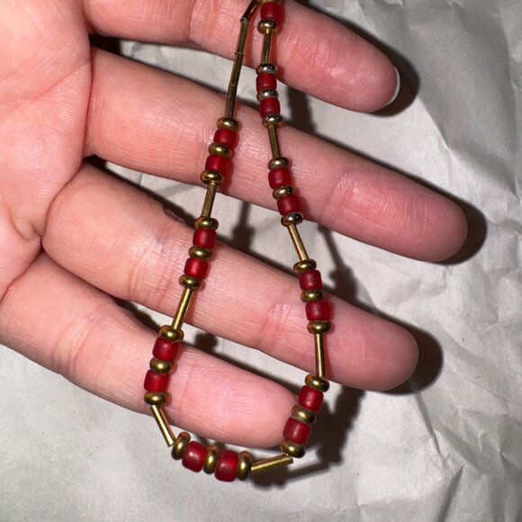 15" Matte Orange Red and Gold Beaded Necklace - Picture 7 of 13